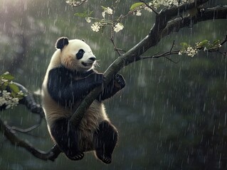 Obraz premium Panda cub in a rainy tree