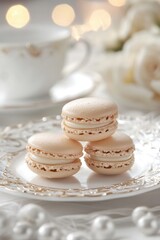 Fototapeta premium Assorted macarons in pastel and chocolate tones, artfully arranged for a delicious and aesthetic background