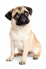 Obraz premium Adorable fawn pug puppy sits against white background, looking up with endearing expression