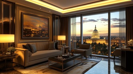 Elegant living room with capitol view washington d.C. Interior design cityscape sunset luxury