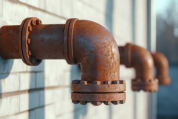 Close-Up of Rusty Industrial Pipes Against a Wall in Natural Light Setting