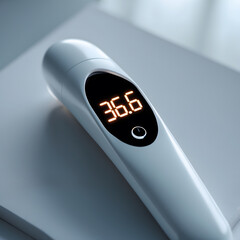 Closeup of a minimalist digital thermometer displaying temperature in a modern setting