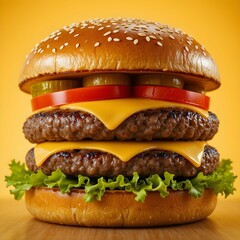 Double Layer Cheeseburger with Fresh Toppings and Sesame Bun"