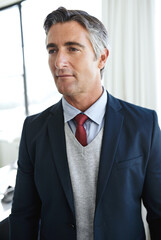 Thinking, businessman and attorney in office for justice, professional career and thoughts for court. Workplace, mature lawyer and ideas with planning for legal aid, law firm and corporate case