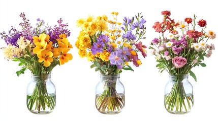 Obraz premium set of multicolored bouquets of flowers in a glass vase isolated on white