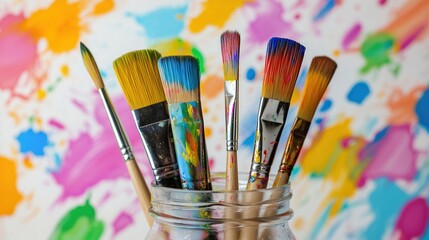 Colorful paintbrushes in a glass jar against a vibrant, splatter-painted background.