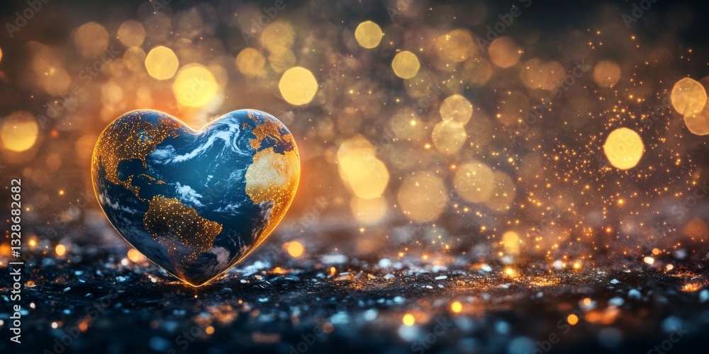 Poster a glowing heart shaped world rests on a surface filled with sparkles. this image captures the essenc