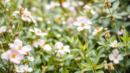 Delicate White Flowers Blooming in a Lush Green Garden Setting