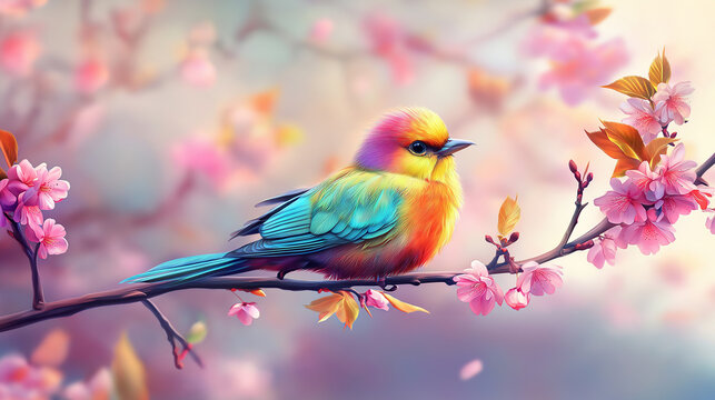 colourfull bird sitting on a branch with blossoms background.