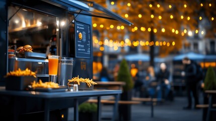 Vibrant Food Truck Scene with Fries and Drinks Under Twinkling Lights in a Cozy Outdoor Setting
