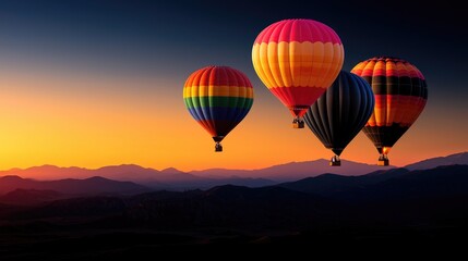 Obraz premium Colorful hot air balloons soaring at sunrise over majestic mountains scenic landscape aerial view travel adventure