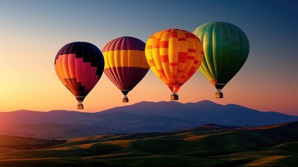 Obraz premium Colorful hot air balloons soaring over scenic mountains at sunset aerial view travel photography