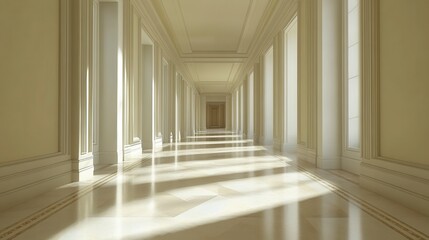Obraz premium Sunlit hallway with classic architecture, featuring tall columns, beige walls, and a gleaming marble floor. Light streams through high windows, casting shadows on the polished surface.
