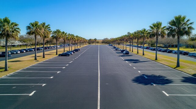 A long empty asphalt parking lot with lined palm trees