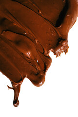 Smooth and glossy chocolate spread smeared on a white surface. The rich brown color and creamy texture highlight the indulgent nature of the sweet dessert ingredient, perfect for baking or spreading