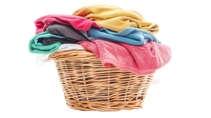 Stack of clean clothes in Wicker basket with clean laundry isolated on transparent background.

