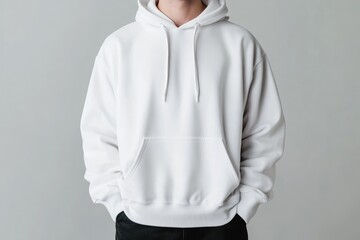 Casual fashion model wearing white hoodie in minimalist studio setting portrait photography for lifestyle brands