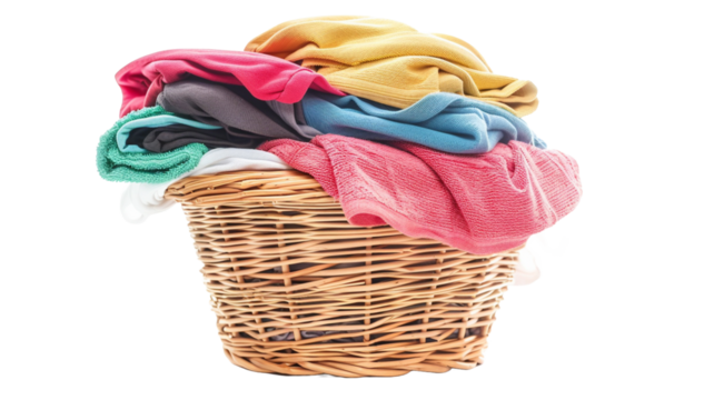 Stack of clean clothes in Wicker basket with clean laundry isolated on transparent background.

