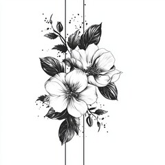 Fototapeta premium Elegant Black and White Floral Illustration Featuring Beautiful Blossoms and Leaves with Artistic Splashes