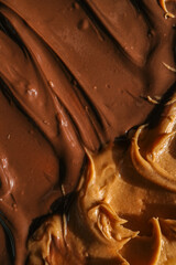 Close-up of creamy peanut butter and glossy chocolate spread swirled together. The rich textures and warm tones highlight the smooth and indulgent quality of these delicious spreads