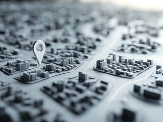 3D model of a city with a location pin highlighting a specific area.