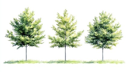 Set of watercolor green tree isolated on white background for landscape and architecture drawing, elements for environment and garden, botanical for section in spring