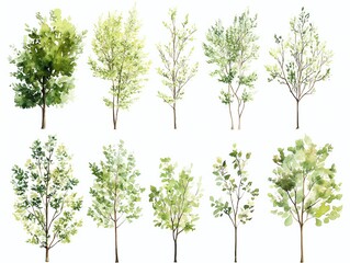 Set of watercolor green tree isolated on white background for landscape and architecture drawing, elements for environment and garden, botanical for section in spring