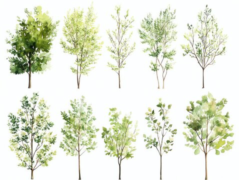 Set of watercolor green tree isolated on white background for landscape and architecture drawing, elements for environment and garden, botanical for section in spring