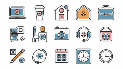 Vector Icon Set for Business, Work, and Home: Laptop, Coffee, House, Briefcase, Camera, Headphones, Calendar, Clock, and More Icons for Designs