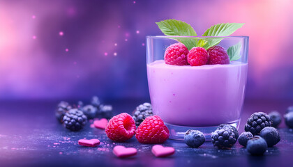 Creamy purple yogurt parfait with fresh raspberries, blackberries, and blueberries, garnished with mint