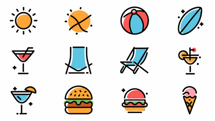 Vector Icon Set for Summer Activities, Beach Essentials, Food Icons, and Refreshing Drinks - Perfect for Graphic Design Projects and Marketing