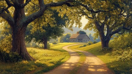 Serene countryside dirt road leading to a quaint home surrounded by trees
