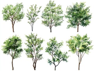 Set of watercolor green tree isolated on white background for landscape and architecture drawing, elements for environment and garden, botanical for section in spring