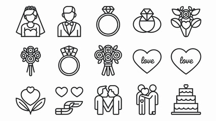 Wedding Icons Vector Set: Line Art Symbols for Bridal, Engagement, Love, Marriage, Flowers, Rings, Hearts, and Celebration Illustrations