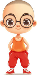 Fototapeta premium Cute cartoon boy character with glasses, cheerful expression, wearing orange tank top and red pants, standing with hands in pockets, playful illustration