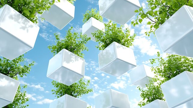 Floating greenery display sky background 3d animation bright environment aerial view eco concept