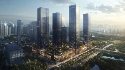 Obraz premium Aerial view of a business district with multiple high-rise office buildings