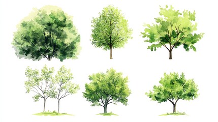 Set of watercolor green tree isolated on white background for landscape and architecture drawing, elements for environment and garden, botanical for section in spring