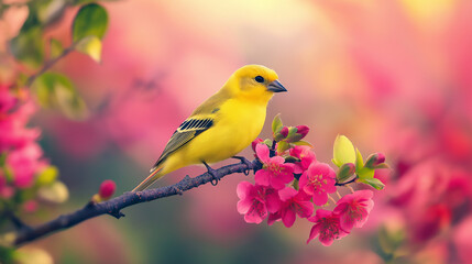  canaria bird on a branch with flowers background.