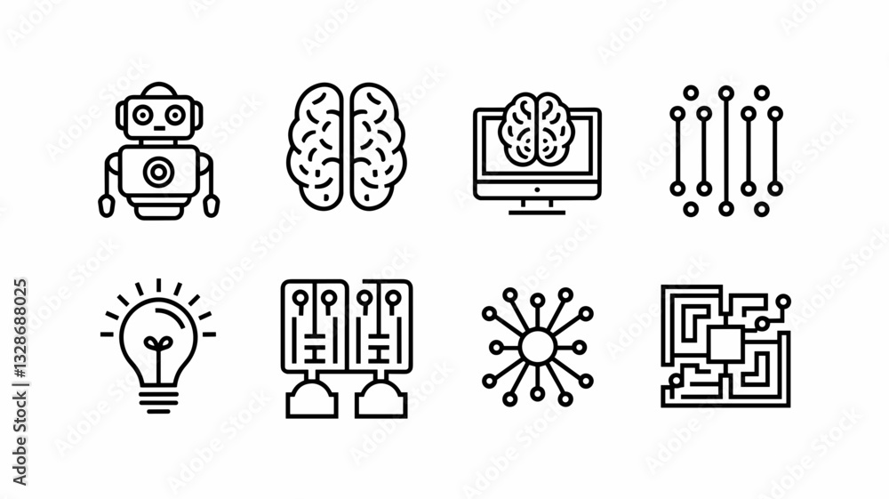 Poster vector icon set for ai and robotics: brain, robot, circuit, light bulb, technology icons for web des
