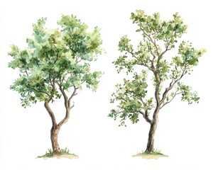 Set of watercolor green tree isolated on white background for landscape and architecture drawing, elements for environment and garden, botanical for section in spring
