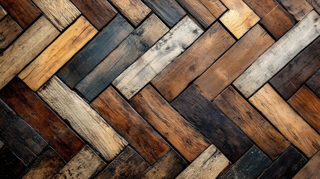 Rustic wooden tiles arranged in a herringbone pattern