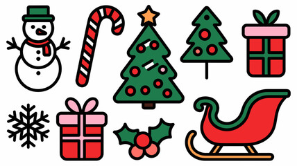 Naklejka premium Christmas Vector Icon Set with Snowman, Candy Cane, Christmas Tree, Gifts, Sleigh, Snowflakes, and Holly for Holiday Design Projects