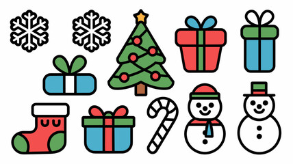 Christmas Vector Icon Set with Snowflakes, Gift Boxes, Tree, Snowmen, and Holiday Decorations for Festive Designs and Celebrations