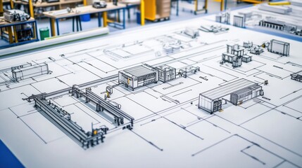 A blueprint of an industrial factory layout, showing assembly lines, workstations, and safety zones