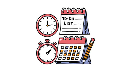 Time Management Vector Icon Set with Calendar, Clock, To-Do List, and Stopwatch for Productivity, Organization, and Planning Designs