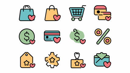 Shopping Vector Icon Set with Cart, Bags, Credit Cards, Dollar Signs, and Discounts for E-commerce, Retail, and Marketing Designs