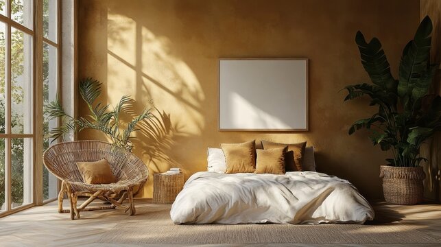 Warm sunlight streams into a minimalist bedroom with a large empty frame, a woven chair, and tropical plants. White linens on the bed add to the serene atmosphere.