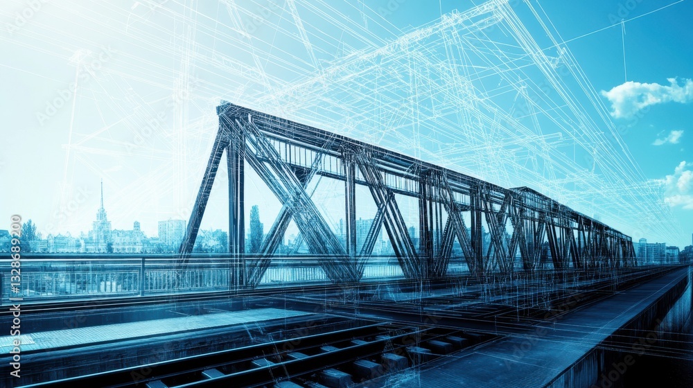 Poster a blueprint of a bridge structure, showcasing load-bearing calculations and structural engineering d