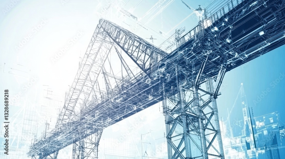 Poster a blueprint of a bridge structure, showcasing load-bearing calculations and structural engineering d